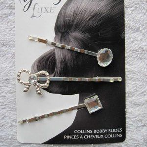 3 Goody Shiny Silver Diamond Gem Bow Oval Metal Collins Bobby Slide Hair Pins